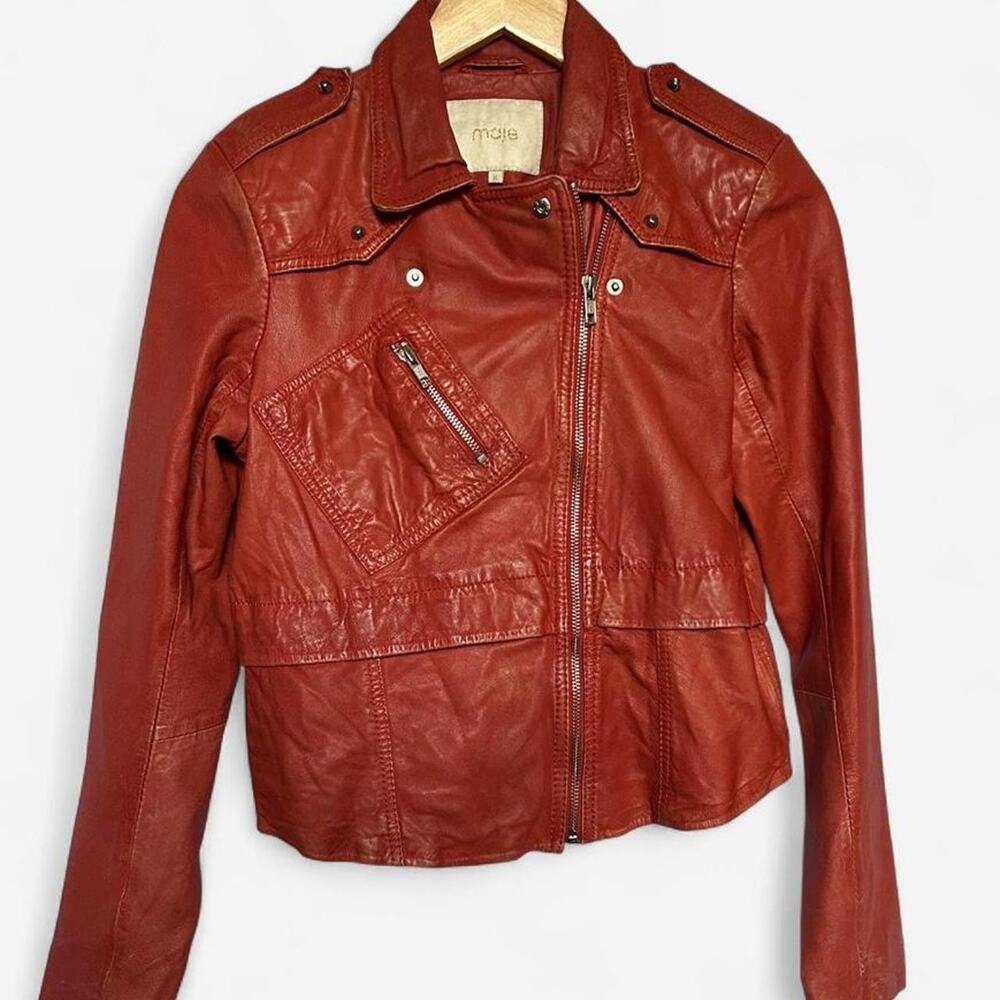 Iconic Maje Paris Red Leather Moto Jacket Small